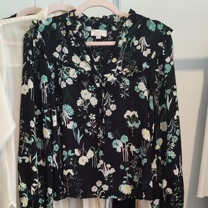 LOFT Black Blouse with Green and White Floral Pattern